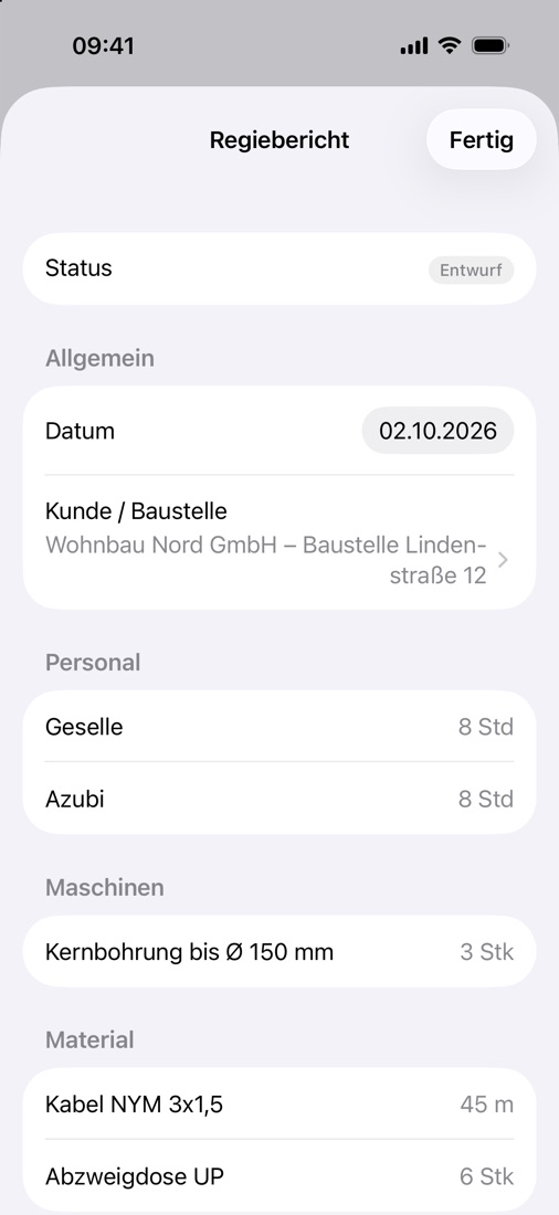 Bericht mit Positionen